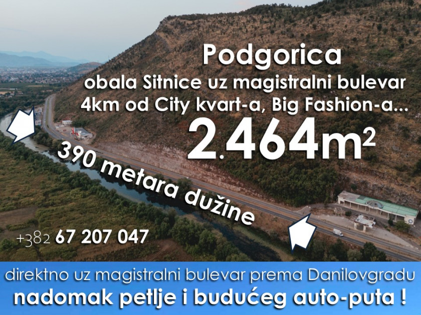 2.464m2 uz magistralu, 390m dužine uz rijeku, Preko Puta Đak Sporta