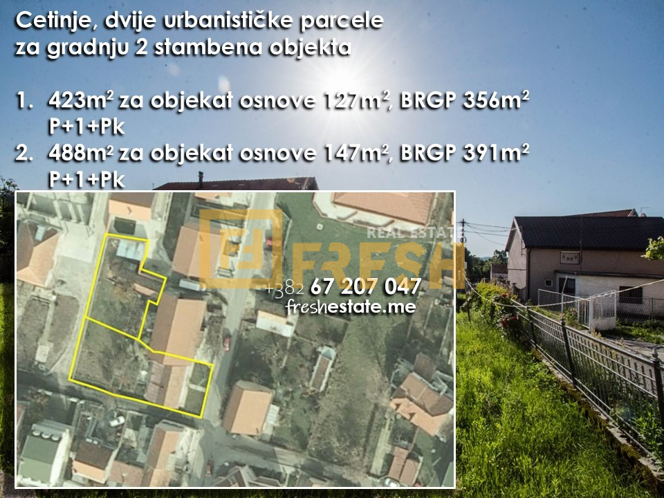 Dvije urbanističke parcele, odlična lokacija, Cetinje