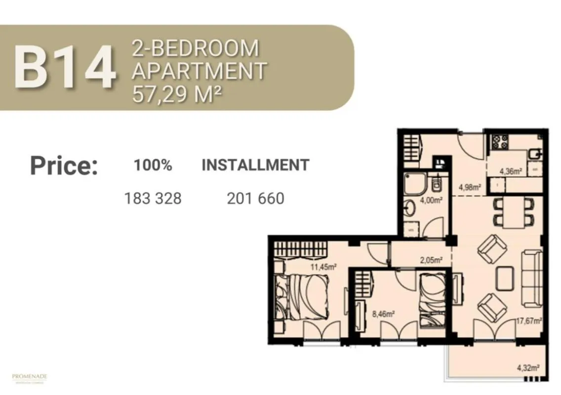 Apartment in Becici, 57 m²