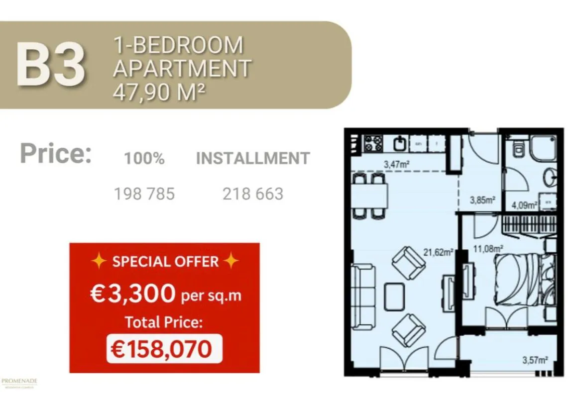 Apartment in Becici, 48 m²